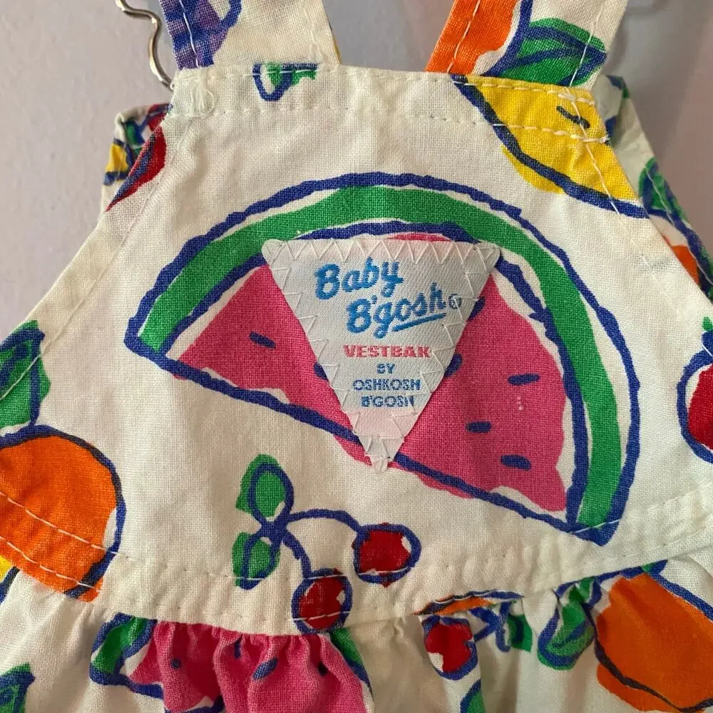 Baby Oshkosh B'Gosh White Colorful Fruit Print Shortalls Overalls Vintage Rare